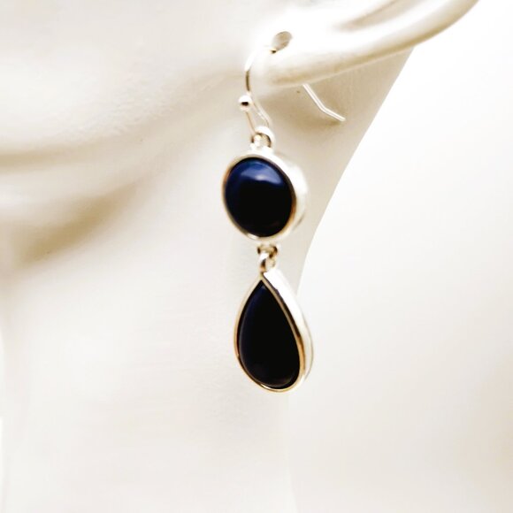 Liz Claiborne Two-tier Drop-Dangle Earrings Deep Navy Silver-tone Bezel - Picture 9 of 11